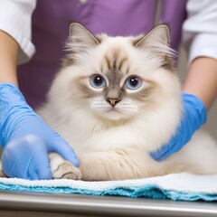 A ragdoll cat calmly resting on a towel-covered vet table, veterinarian gloved hands is checking its paw 