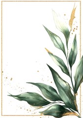Watercolor painting of green tropical leaves with gold glitter, on a white background, with a border frame design along the edges