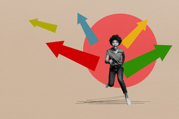 Collage design composite trend artwork sketch of young woman run smile arrow show different way...