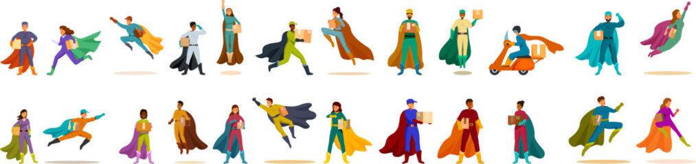 Plakat Superheroes courier icons set. Diverse couriers wearing superhero capes, delivering packages with speed and efficiency, symbolizing fast and reliable shipping services