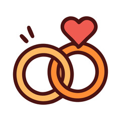 Two gold wedding bands with a red heart on top. Perfect for wedding related designs, romantic themes, Valentines Day, jewelry concepts.