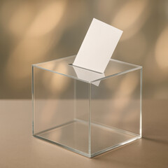 Transparent ballot box sits elegantly on smooth surface, featuring blank white paper ready for voting. soft bokeh background adds warm, inviting atmosphere to scene