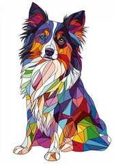 Stained Glass style, cubist, A Border Collie dog with colored fur, white background isolated
