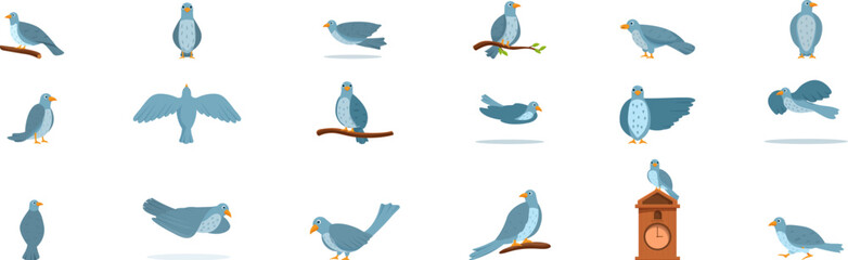 Cuckoo bird icons set. Collection of cartoon doves in various poses, perched on branches, flying, and standing