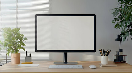 Fototapeta premium Modern Empty Computer Monitor On Light Wooden Desk With Plants