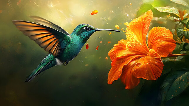 A hummingbird sips nectar from a vibrant hibiscus flower.