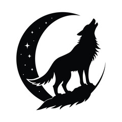 Wolf Howling At Moon Vector Silhouette