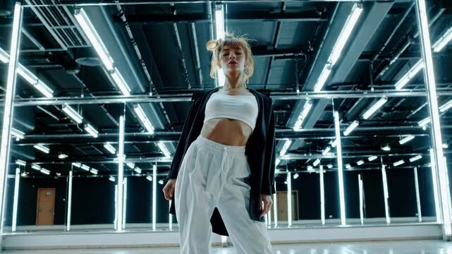 Low-angle shot of a dancer in a modern studio with neon lights, capturing a dynamic and edgy video concept with urban streetwear style.