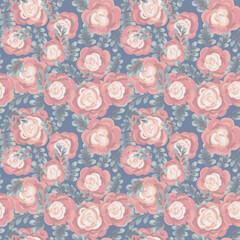 Hand painted floral seamless pattern featuring orange roses with leaves on a muted turquoise background. Artistic watercolor style, perfect for textiles, packaging, wedding invitation,  elegant design