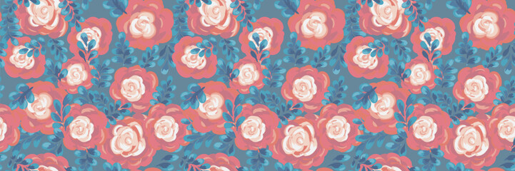 Seamless vector pattern featuring hand painted roses in orange tones with delicate foliage on a turquoise background. Elegant floral design, perfect for textiles, wallpapers, packaging, and decor