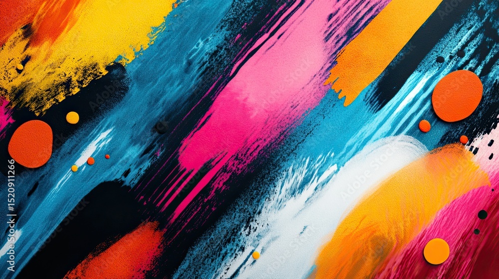 Poster abstract painting with colorful brushstrokes and circular shapes on a dark background art design