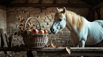 White horse curiously examining a basket of apples in a rustic barn setting during the afternoon