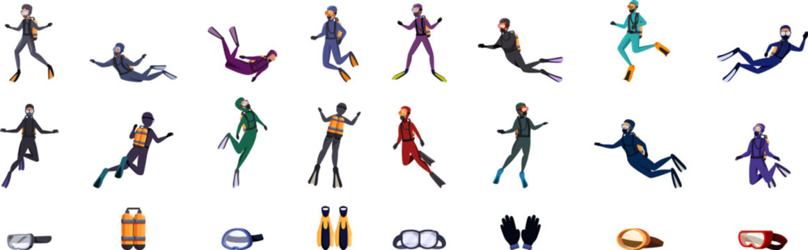 Children scuba diving icons set. Collection of scuba divers and equipment in various poses and outfits