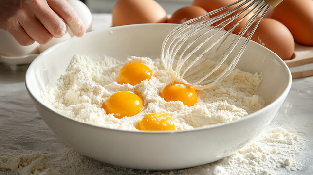 Whisking flour and egg yolks in white bowl for dough preparation