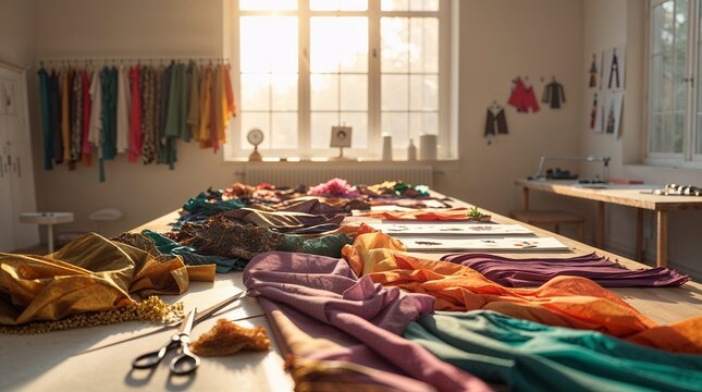 Colorful fabrics and textiles arranged on a workspace in a bright design studio during late afternoon