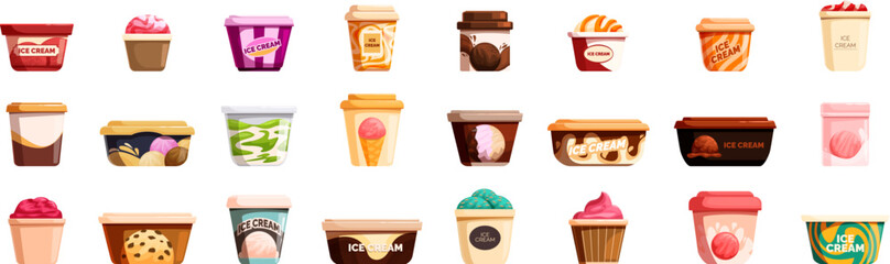 Container ice cream icons set. Assorted ice cream tubs and cones in vibrant packaging