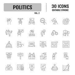 Poltics line icon set. Containing democracy, republic, monarchy, totalitarianism, authoritarianism, oligarchy. Editable stroke. Vector illustration