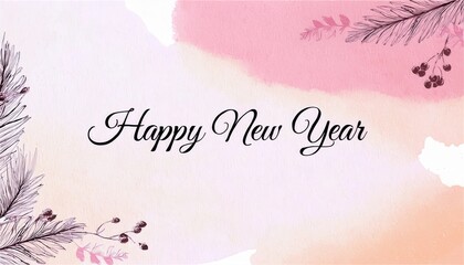 elegant happy new year greeting card with black handwritten script on soft pink watercolor background for festive branding, print media, website banner, or seasonal graphic design element

