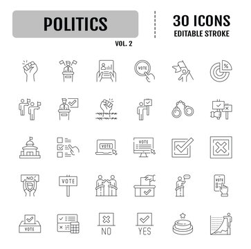Poltics line icon set. Containing democracy, republic, monarchy, totalitarianism, authoritarianism, oligarchy. Editable stroke. Vector illustration