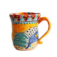 Unique, Colorful Hand-Painted Mug On White. Decorative Pottery With Vibrant Designs. Perfect For A Cozy Drink!