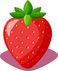A vibrant digitally illustrated strawberry featuring bright red color green leaves and small seed dots isolated on a white background.