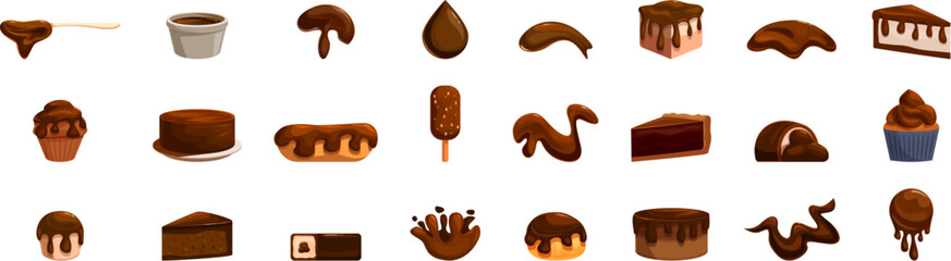 Chocolate ganache icons set. Delicious chocolate products are displayed, showcasing the versatility of cocoa in various forms, from cakes and pastries to liquid chocolate and candies