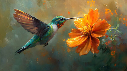 A hummingbird sips nectar from a vibrant orange flower.