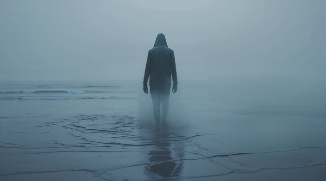 Mysterious figure walks along foggy beach at dawn, blending with mist and ocean waves during early morning hours