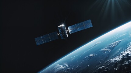 Satellite orbits Earth, capturing images of the planet and monitoring environmental changes from space