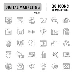 Digital marketing line icon set. Containing seo, content, website, social media, sales and online advertising. Editable stroke. Vector illustration