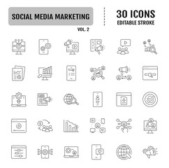 Social media marketing line icon set. Editable stroke. Vector illustration
