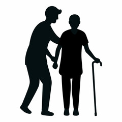 Silhouette of a caregiver assisting an elderly person with a cane showing support and care
