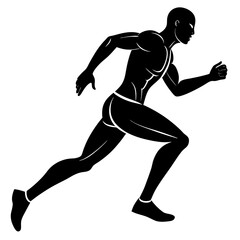 Silhouette of a male athlete sprinting powerfully depicting speed and motion on a white background.