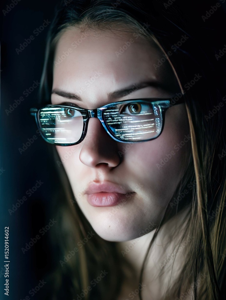 Poster woman's reflection in glasses showcasing computer screen code and information processing