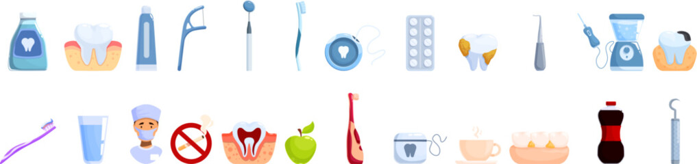 Prevention dental diseases icons set. Maintaining healthy teeth and gums involves various tools and practices, from brushing and flossing to professional dental instruments and treatments