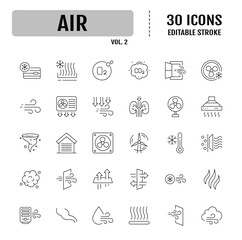 Air line editable icon set. Containing ventilation, air conditioner, fan, wind, blow, oxygen, breathe, CO2, pollution and more. Vector illustration