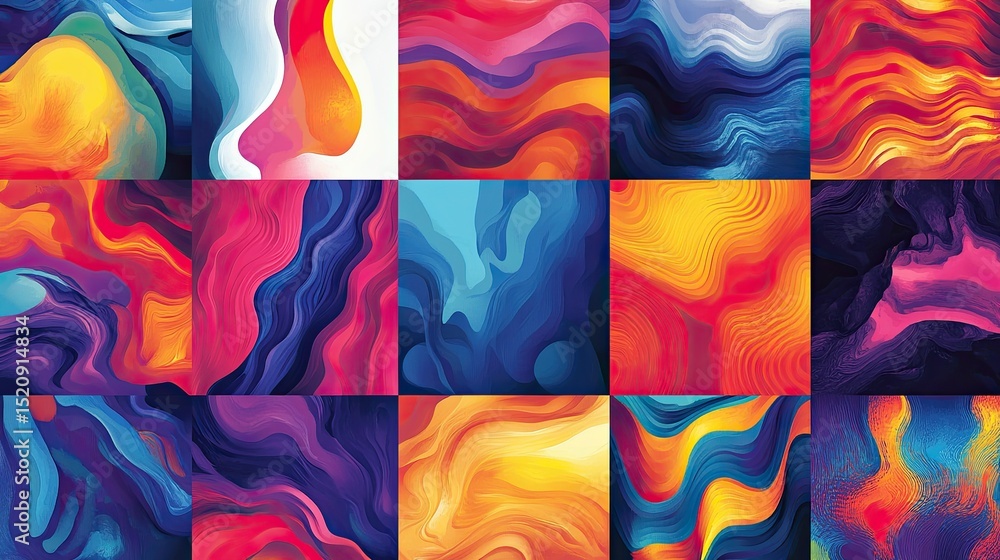 Poster collection of abstract colorful fluid art panels arranged in a grid pattern showcasing vibrant hues