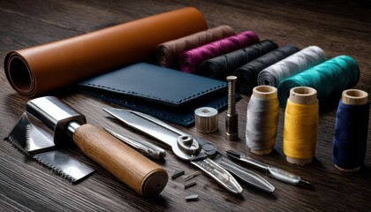 Close-up of leather crafting tools and materials on wooden workbench, artistic arrangement