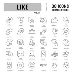 Like icon set. Containing thumbs up, favorite, liked, favorable, positive, appreciation, affirmative, validation and more. Editable stroke. Vector illustration