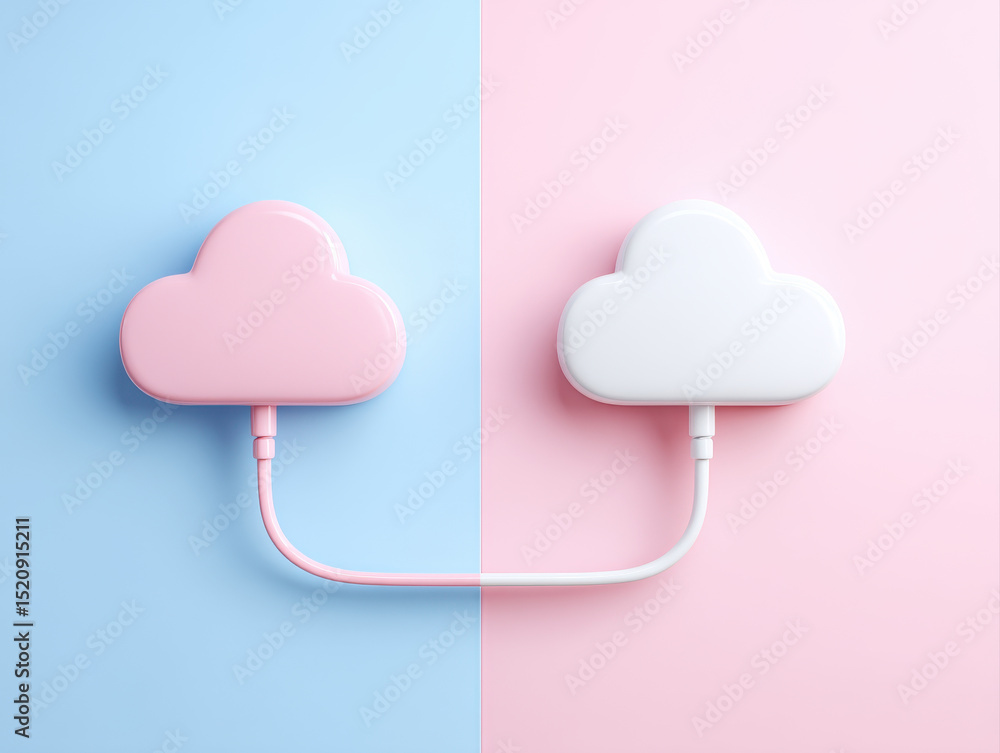 Poster cloud computing connection technology concept with two cloud shapes connected by cable pastel backgr
