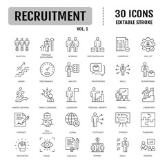 Recruitment line editable icon set. Headhunting, career, resume, job hiring, candidate and human resource. Vector illustration