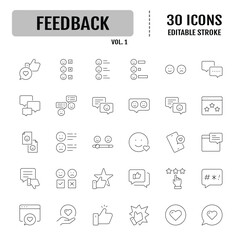 Feedback line Icon set. Containing Testimonials, rating, like, dislike, feedback, survey and more. Editable stroke. Vector illustration