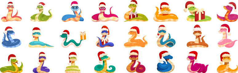New year snake icons set. Adorable cartoon snakes with santa hats celebrating christmas, adding a festive touch to holiday designs