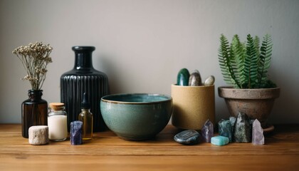 Still life composition featuring natural elements and decorative objects on wooden surface