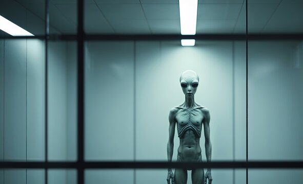 Strange encounter with an alien figure in an modern enclosed space illuminated by synthetic light