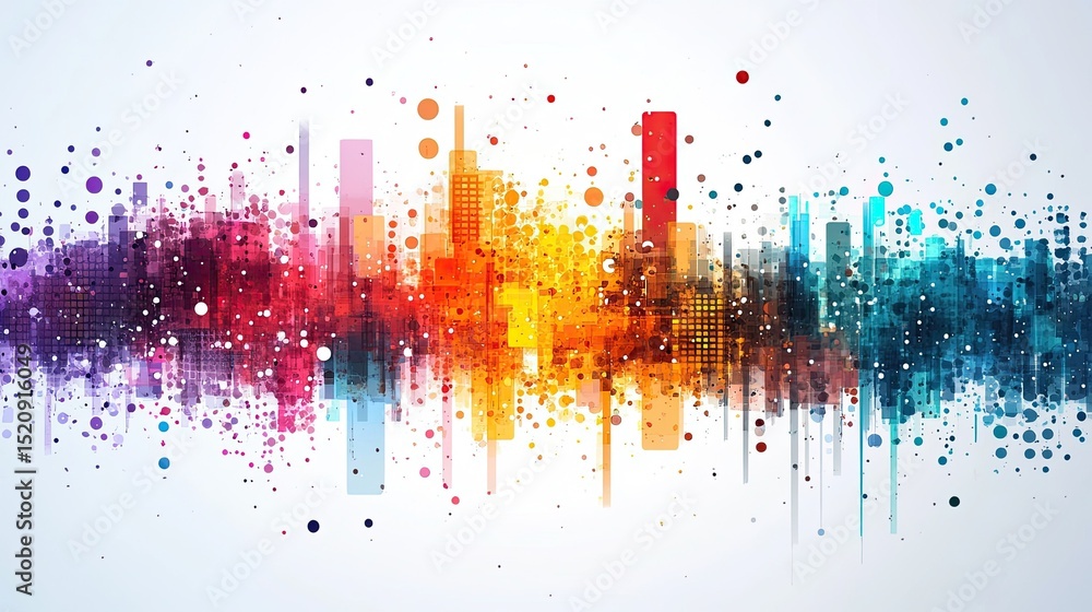 Aufkleber abstract cityscape with colorful buildings and splatters on a white background in a horizontal layou