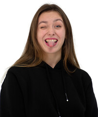 A Woman's Playful Expression With a Wink and Tongue-Out Pose Evokes a Sense of Fun and Mischief