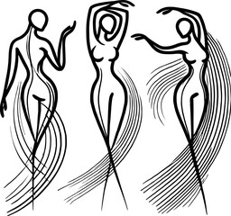 Black-and-white minimalist artwork featuring three elegant female silhouettes with rising flowing lines, symbolizing energy and wellness—an abstract oil drop silhouette concept.
