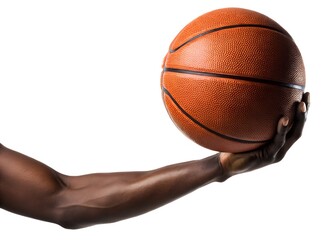 Close-up of a man's hand holding a basketball, isolated on a white background with a clipping path. Close-up photo of an African American male's hands holding a basketball.