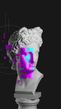 Abstract art design. Classical bust fragmented with violet and cyan glitch blocks and overlay of floating pixels. Concept of digital era, filtered personality, broken identity, media interference.